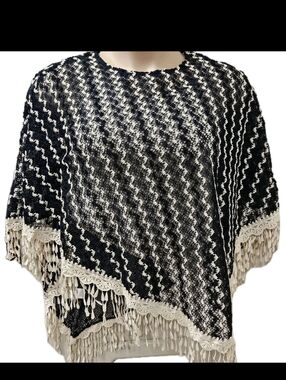 Late For Dinner Navy Blue & Cream Zig-Zag Crochet Poncho